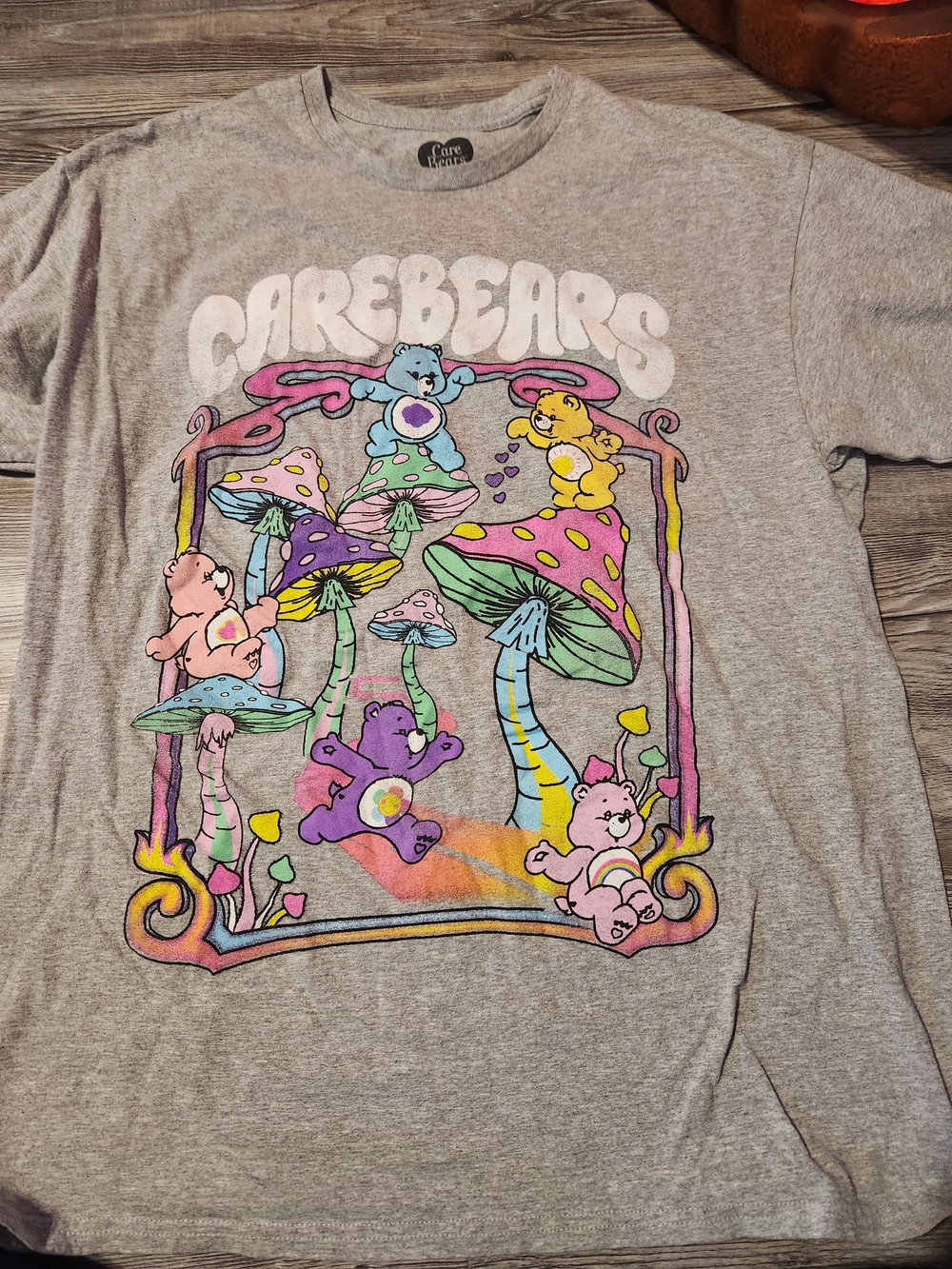 Care Bears Gray Graphic Tee with Colorful Mushroom Print